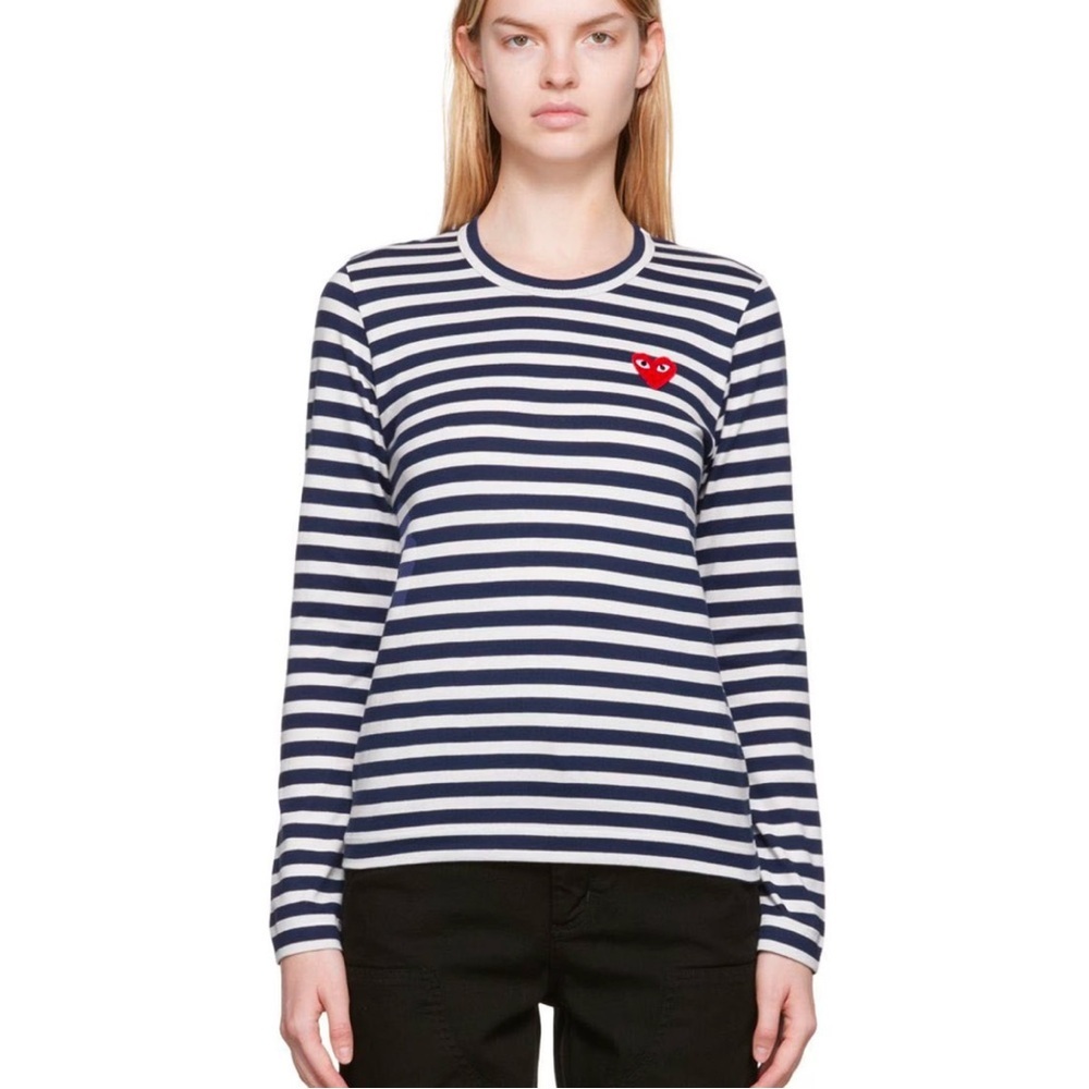 COMME‎ DES GARÇONS PLAY White & Navy Heart Patch Long Sleeve T-Shirt